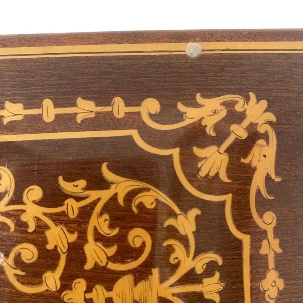 Vintage Wooden Inlaid Music Jewelry Box Ornate‎ Floral Design Red Velvet MCM